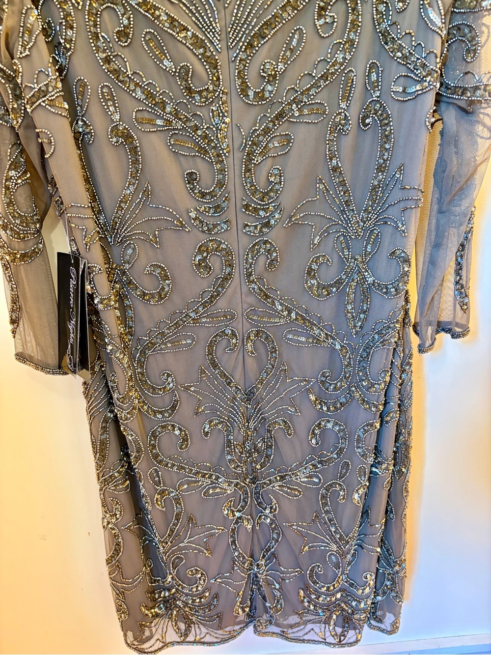 Adrianna Papell Mocha Beaded Sheer Overlay Evening Dress - Picture 5 of 12